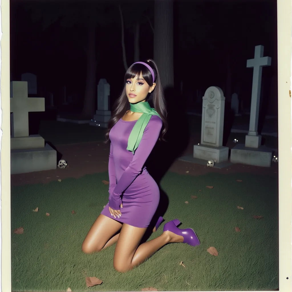 A polaroid photo of ariana grande dressed similarly to Daphne from Scooby-Doo. Ariana grande is kneeling on a grassy area in a mysterious cemetery scene, her legs folded gracefully to the side. She wears a fitted purple dress with long sleeves, a green scarf tied at the neck, and a matching purple headband, along with purple shoes. The scene is shot from a low angle, capturing her in a three-quarter view, with her face turned toward the camera in a curious, slightly mischievous expression. The background includes tombstones, crosses, and small skull details, set under a dim, eerie light, enhancing the spooky, atmospheric setting. 