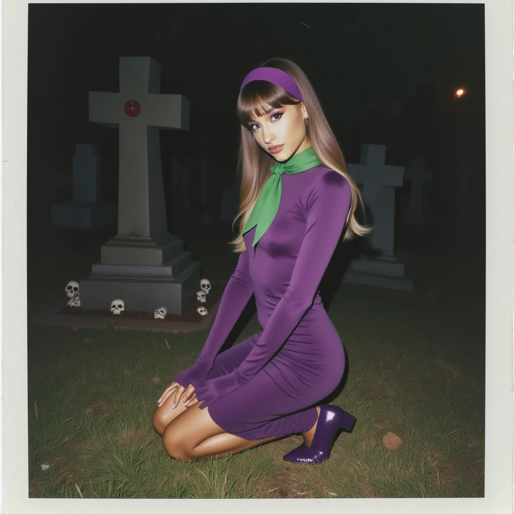 A polaroid photo of ariana grande dressed similarly to Daphne from Scooby-Doo. Ariana grande is kneeling on a grassy area in a mysterious cemetery scene, her legs folded gracefully to the side. She wears a fitted purple dress with long sleeves, a green scarf tied at the neck, and a matching purple headband, along with purple shoes. The scene is shot from a low angle, capturing her in a three-quarter view, with her face turned toward the camera in a curious, slightly mischievous expression. The background includes tombstones, crosses, and small skull details, set under a dim, eerie light, enhancing the spooky, atmospheric setting. 