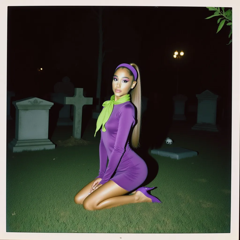 A polaroid photo of ariana grande dressed similarly to Daphne from Scooby-Doo. Ariana grande is kneeling on a grassy area in a mysterious cemetery scene, her legs folded gracefully to the side. She wears a fitted purple dress with long sleeves, a green scarf tied at the neck, and a matching purple headband, along with purple shoes. The scene is shot from a low angle, capturing her in a three-quarter view, with her face turned toward the camera in a curious, slightly mischievous expression. The background includes tombstones, crosses, and small skull details, set under a dim, eerie light, enhancing the spooky, atmospheric setting. 