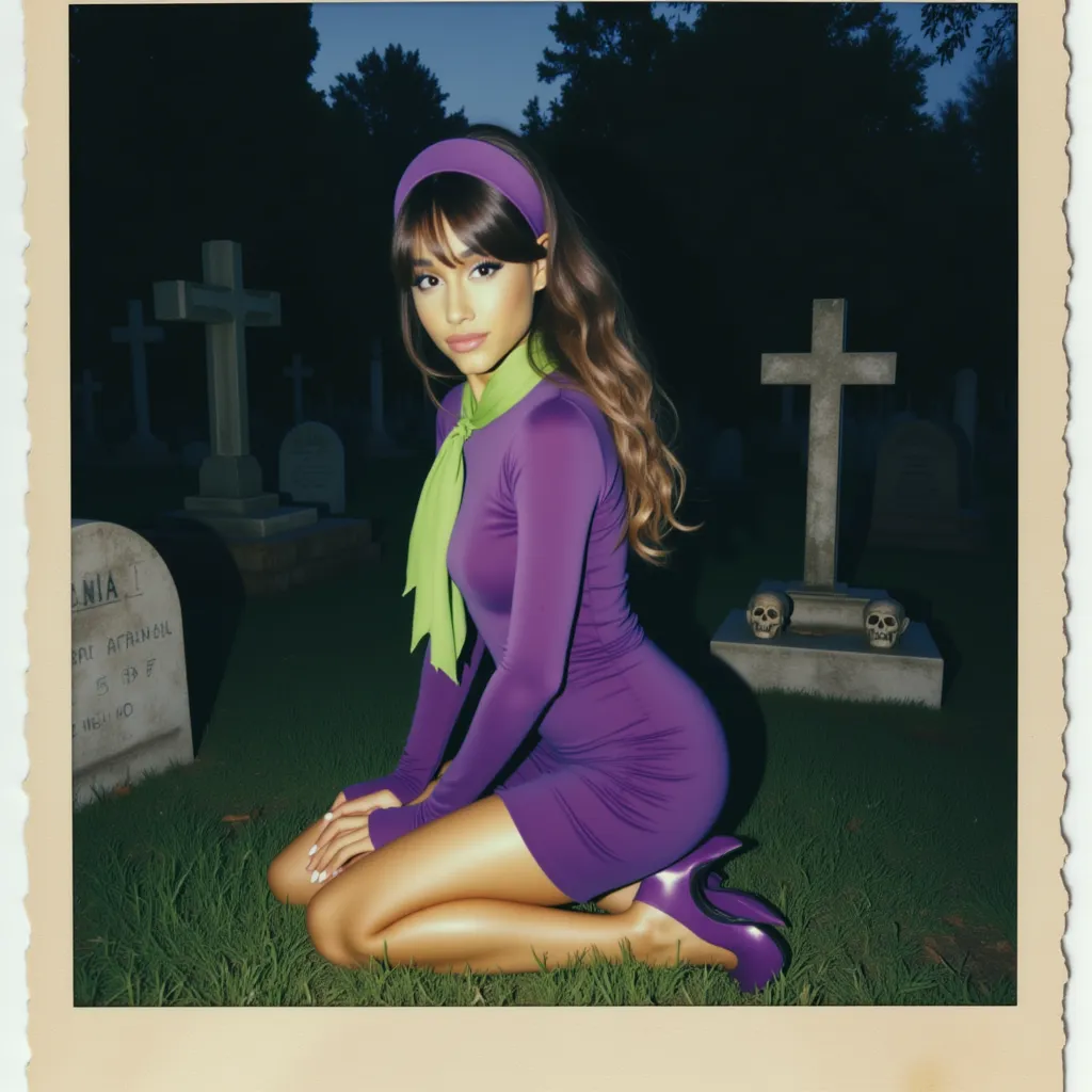 A polaroid photo of ariana grande dressed similarly to Daphne from Scooby-Doo. Ariana grande is kneeling on a grassy area in a mysterious cemetery scene, her legs folded gracefully to the side. She wears a fitted purple dress with long sleeves, a green scarf tied at the neck, and a matching purple headband, along with purple shoes. The scene is shot from a low angle, capturing her in a three-quarter view, with her face turned toward the camera in a curious, slightly mischievous expression. The background includes tombstones, crosses, and small skull details, set under a dim, eerie light, enhancing the spooky, atmospheric setting. 