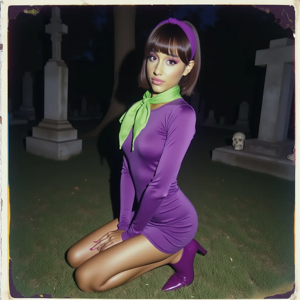 A polaroid photo of ariana grande dressed similarly to Daphne from Scooby-Doo. Ariana grande is kneeling on a grassy area in a mysterious cemetery scene, her legs folded gracefully to the side. She wears a fitted purple dress with long sleeves, a green scarf tied at the neck, and a matching purple headband, along with purple shoes. The scene is shot from a low angle, capturing her in a three-quarter view, with her face turned toward the camera in a curious, slightly mischievous expression. The background includes tombstones, crosses, and small skull details, set under a dim, eerie light, enhancing the spooky, atmospheric setting. 