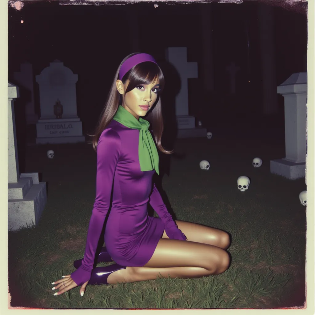 A polaroid photo of ariana grande dressed similarly to Daphne from Scooby-Doo. Ariana grande is kneeling on a grassy area in a mysterious cemetery scene, her legs folded gracefully to the side. She wears a fitted purple dress with long sleeves, a green scarf tied at the neck, and a matching purple headband, along with purple shoes. The scene is shot from a low angle, capturing her in a three-quarter view, with her face turned toward the camera in a curious, slightly mischievous expression. The background includes tombstones, crosses, and small skull details, set under a dim, eerie light, enhancing the spooky, atmospheric setting. 