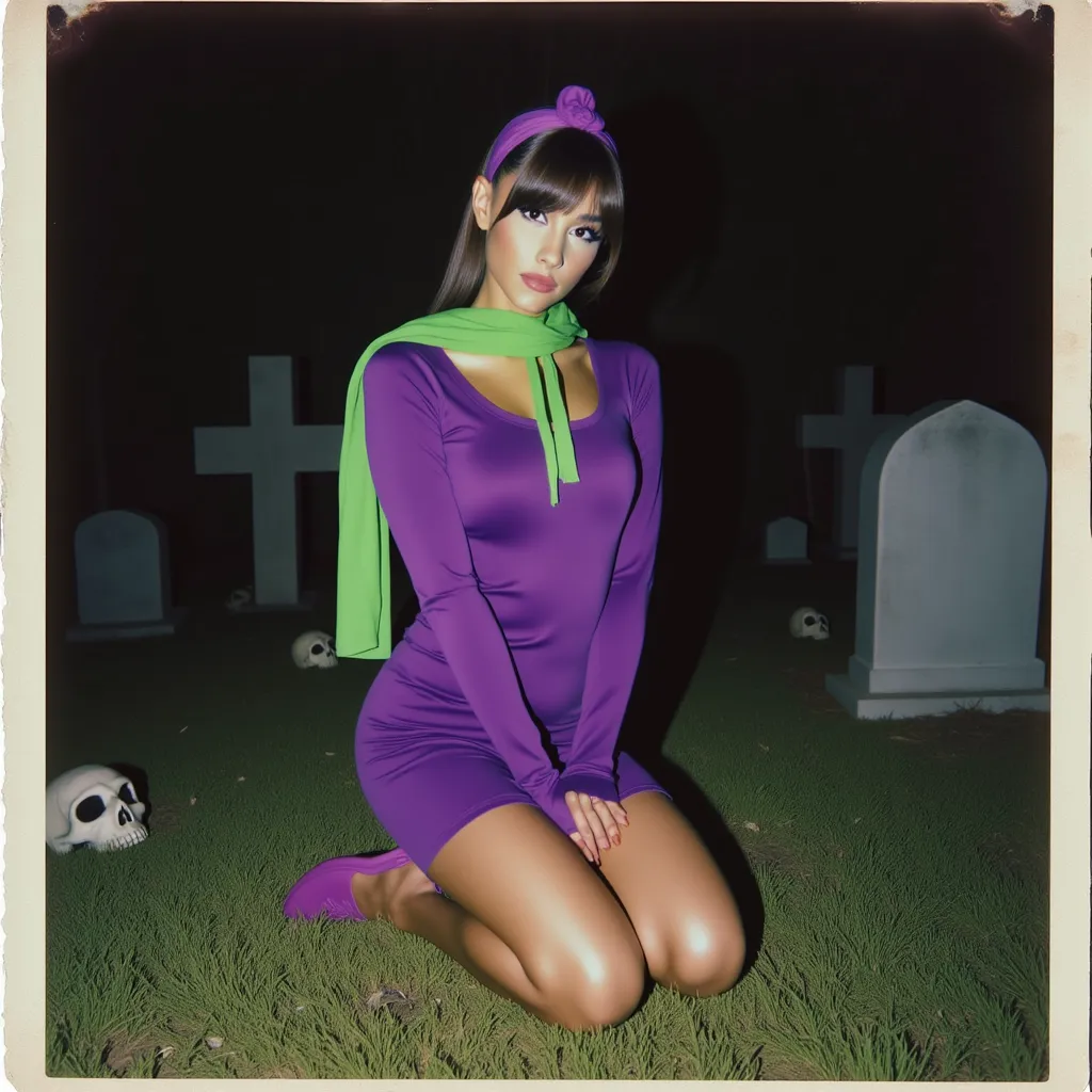A polaroid photo of ariana grande dressed similarly to Daphne from Scooby-Doo. Ariana grande is kneeling on a grassy area in a mysterious cemetery scene, her legs folded gracefully to the side. She wears a fitted purple dress with long sleeves, a green scarf tied at the neck, and a matching purple headband, along with purple shoes. The scene is shot from a low angle, capturing her in a three-quarter view, with her face turned toward the camera in a curious, slightly mischievous expression. The background includes tombstones, crosses, and small skull details, set under a dim, eerie light, enhancing the spooky, atmospheric setting. 