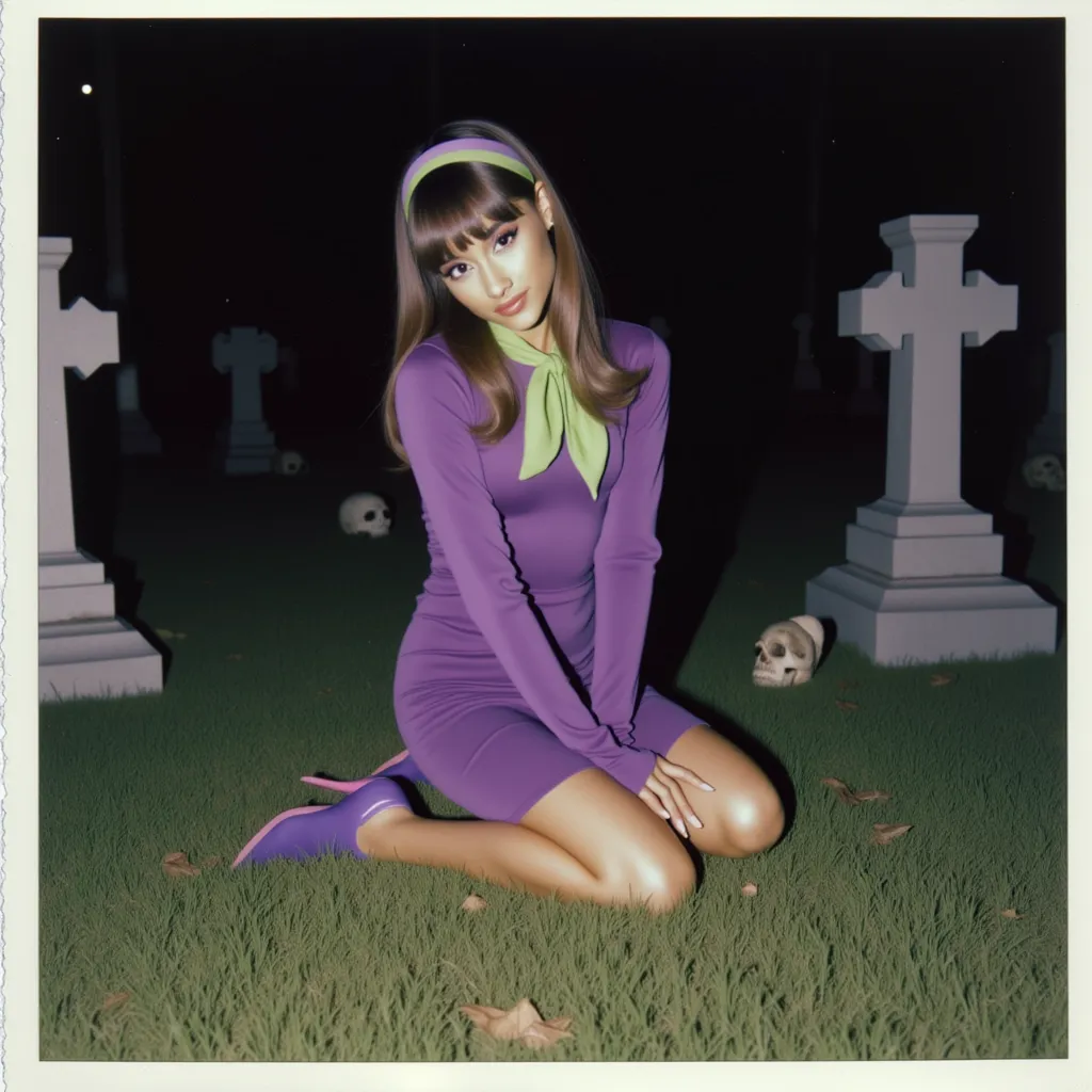 A polaroid photo of ariana grande dressed similarly to Daphne from Scooby-Doo. Ariana grande is kneeling on a grassy area in a mysterious cemetery scene, her legs folded gracefully to the side. She wears a fitted purple dress with long sleeves, a green scarf tied at the neck, and a matching purple headband, along with purple shoes. The scene is shot from a low angle, capturing her in a three-quarter view, with her face turned toward the camera in a curious, slightly mischievous expression. The background includes tombstones, crosses, and small skull details, set under a dim, eerie light, enhancing the spooky, atmospheric setting. 