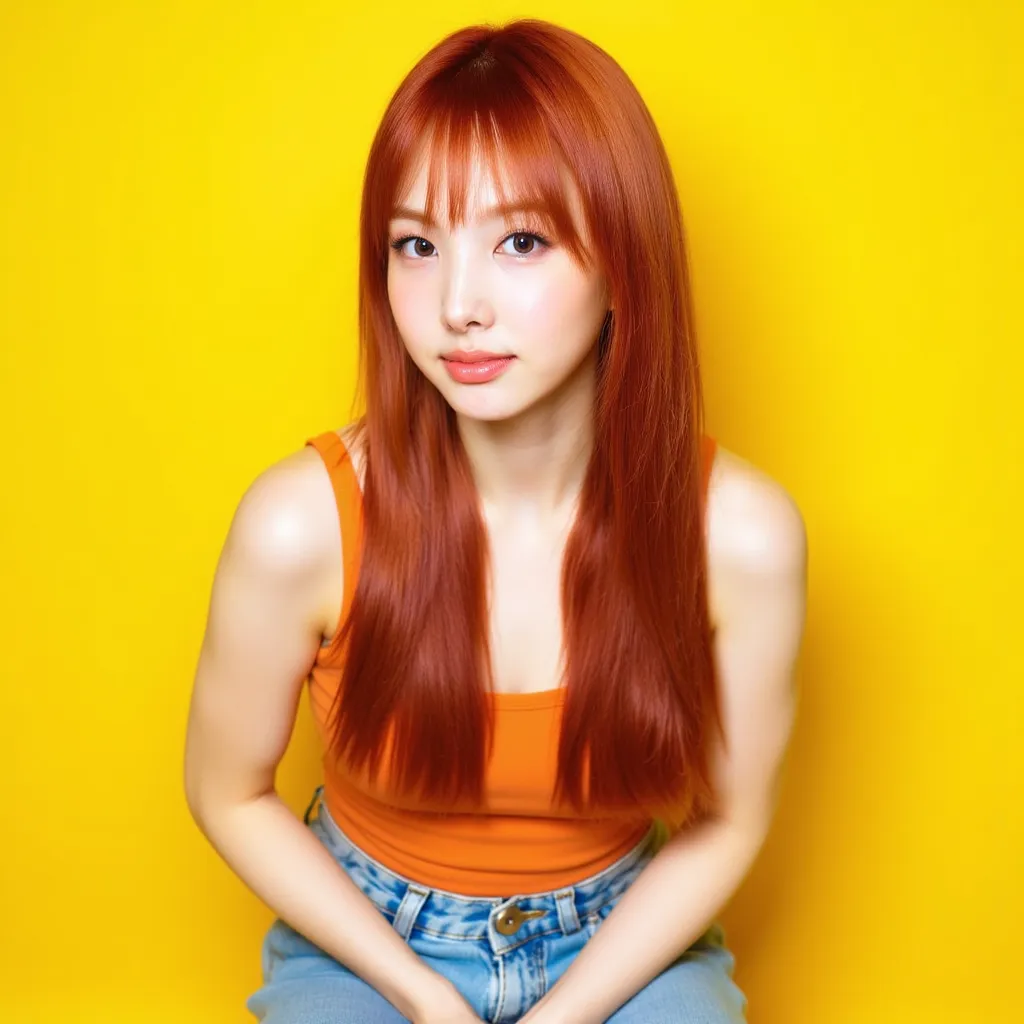 Nayeon, Yellow background, Casual clothing, long, straight hair, red hair, looking at camera,Confident facial expression,Portrait photography, 