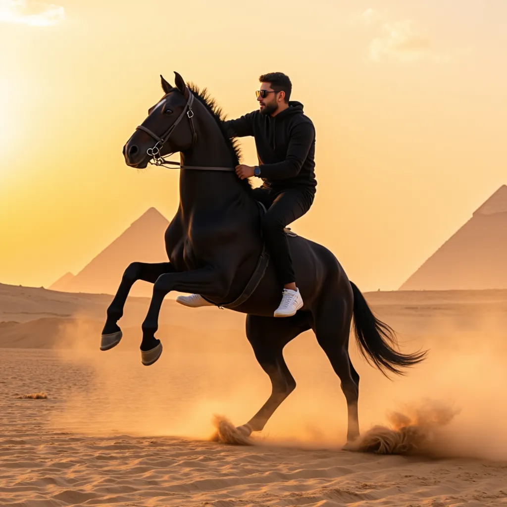 The photo shows Mustafa wearing a black hoodie, black pants, white shoes and sunglasses, riding a black horse with only two feet on the sand and two feet above it(Rearing), while dust flies from under the horse's hooves as Mustafa trains it. In the background, the pyramids appear in the distance, giving the scene an authentic Egyptian feel. The golden lighting suggests a moment at sunrise or sunset, giving the photo a warm and eerie feel.