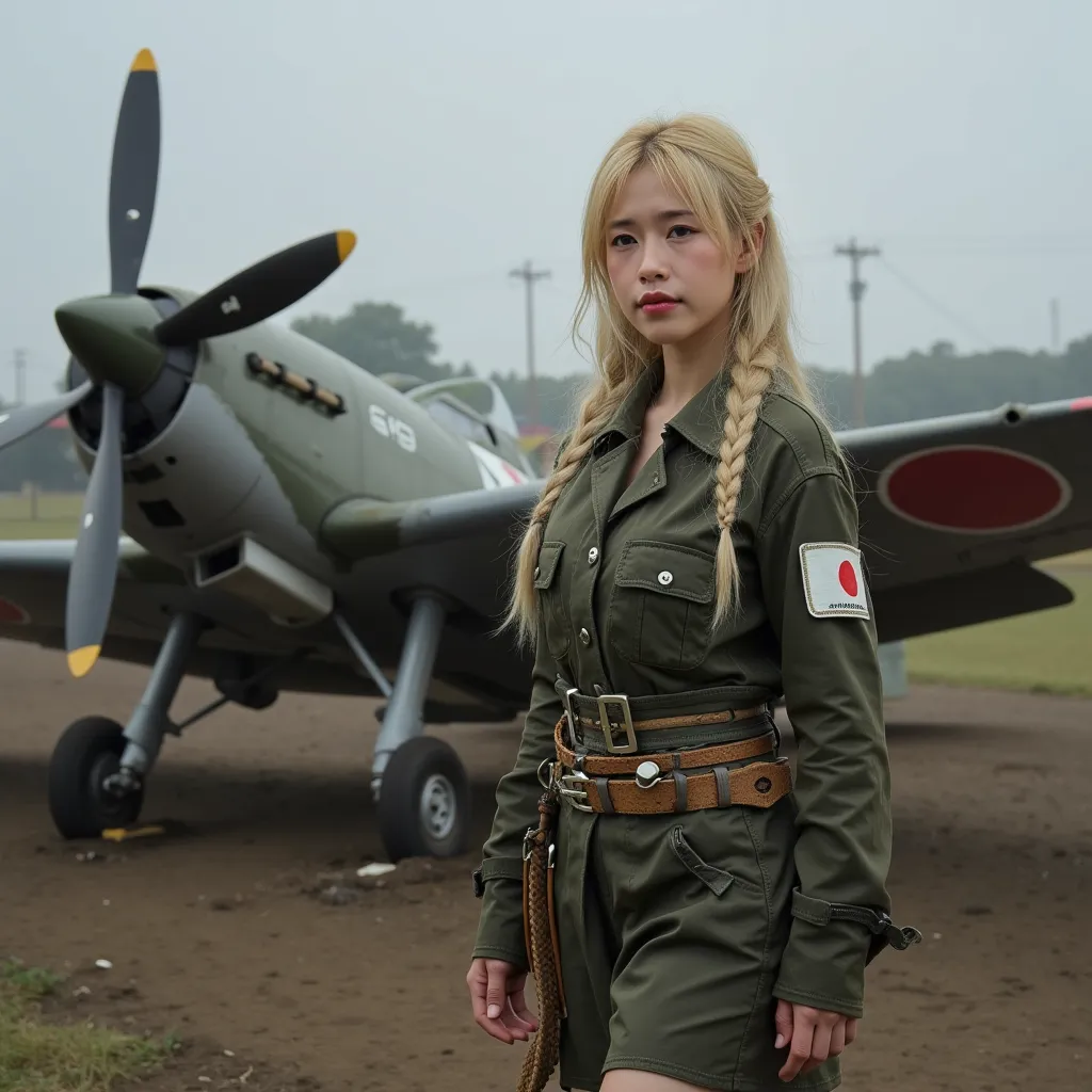Woman in cosplay, Emperor of World War II, Front profile photo, She is standing next to a downed Japanese fighter plane, Realistic style, Studio lighting, Medium telephoto lens, High resolution, 4K detail, Natural light, (Sharp focus: 1.2), (HDR: 1.1),Long shot (LS)