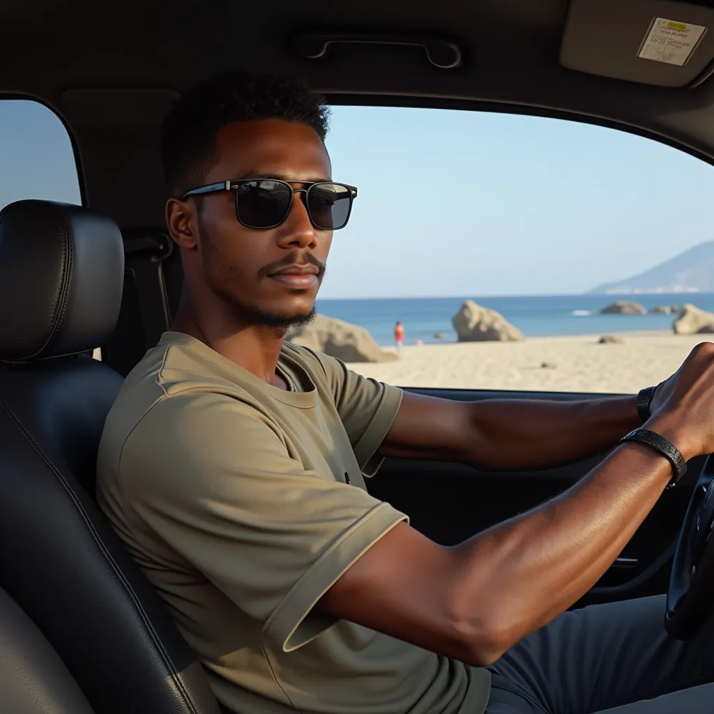 Give me a promo for a high-quality GTA 6 image of a 26-year-old man behind a car