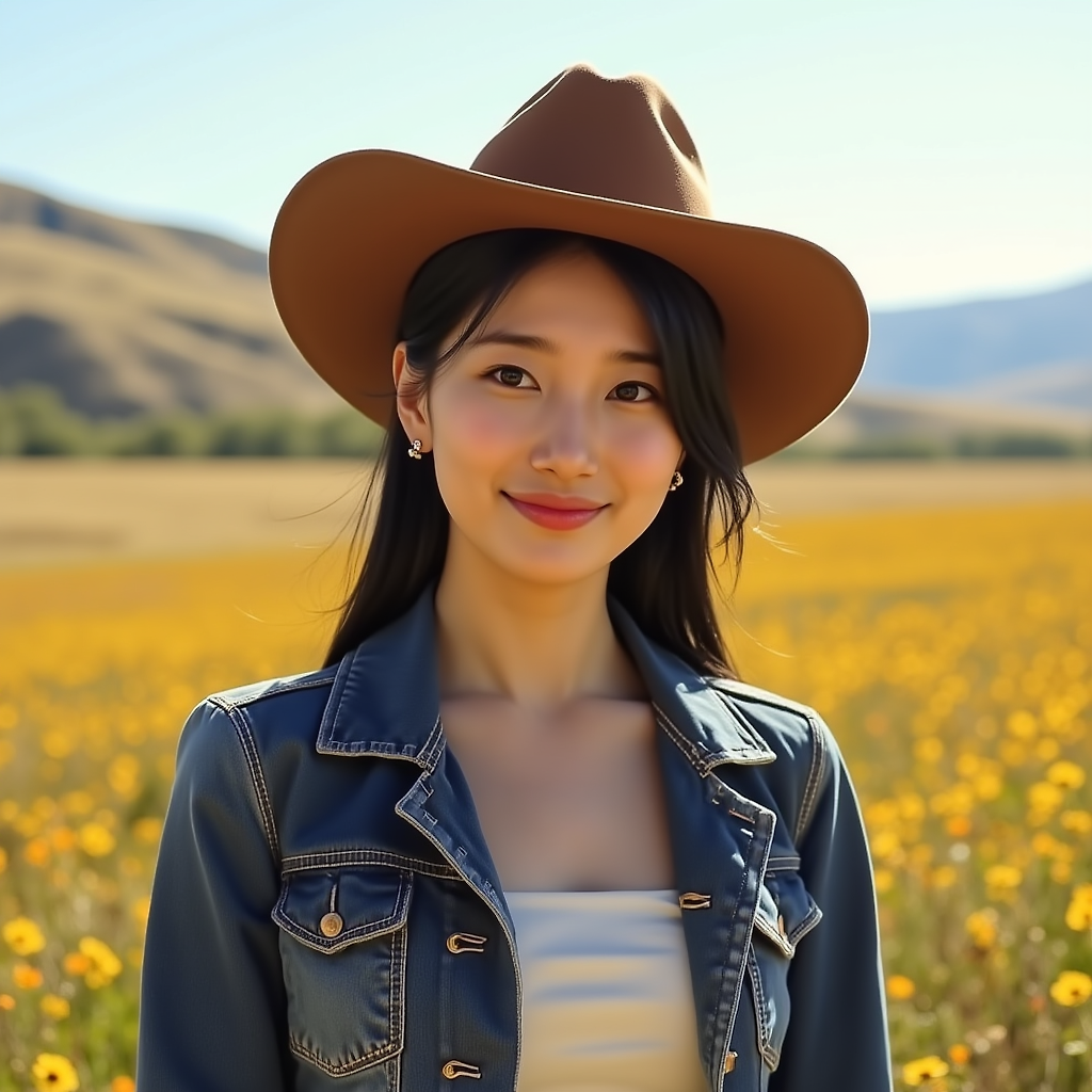A striking South Korean woman resembling Bae Suzy from Miss A, embodies the spirit of a modern cowgirl. She has long, sleek black hair tied back in a neat ponytail, accentuating her sharp features and warm smile. Dressed in a vintage Western-style outfit, complete with a rugged denim jacket and fitted white shirt, she also wears a classic brown cowboy hat tilted slightly to one side. The scene is set in an expansive, sun-drenched prairie with rolling hills in the distance, dotted with wildflowers swaying gently in the breeze. The atmosphere is vibrant and lively, filled with a sense of adventure and freedom. The warm golden light of late afternoon casts playful shadows, enriching the colors of her outfit and the surrounding landscape. The artistic style combines hyper-realism with soft, painterly touches, capturing the essence of this unique blend of contemporary and Western aesthetics.