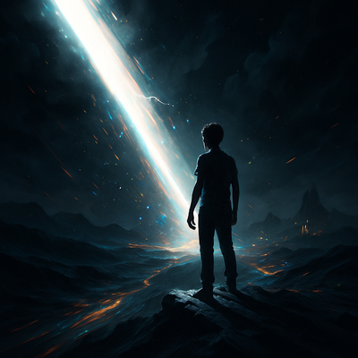 A surreal, high-contrast scene capturing the dramatic impact of light on a darkened world — a lone figure stands atop a windswept ridge as a colossal beam of radiant light pierces the clouds above, casting sharp, dynamic shadows across the jagged terrain. The light interacts with the environment in impossible ways: bending, splitting, and igniting bursts of color across reflective surfaces. Floating particles shimmer in the beam, and distant structures seem to awaken under its touch. Hyper-realistic, cinematic composition, strong chiaroscuro, ethereal atmosphere.