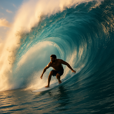 A surfer riding an enormous wave, suspended in perfect balance as the massive curl of water forms a tunnel around them, with ocean spray catching sunlight