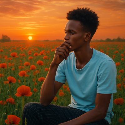 A Man with dark brown fluffy hair in a field of red and green flowers with a sunset.