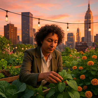 A person with curly hair tending to a lush rooftop garden in a dense cityscape, surrounded by vegetables, flowers, and string lights, with skyscrapers in the background catching sunset light