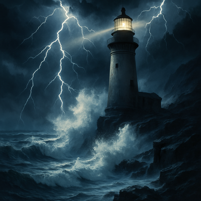 A lighthouse on a rocky coast during a powerful storm, waves crashing against cliffs, lightning illuminating dark clouds above the turbulent ocean