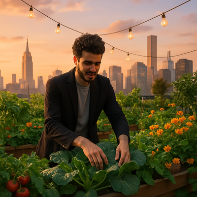 A person with curly hair tending to a lush rooftop garden in a dense cityscape, surrounded by vegetables, flowers, and string lights, with skyscrapers in the background catching sunset light