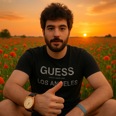 I wanna the Man at this photo to be with dark brown fluffy hair in a field of red and green flowers with a sunset.