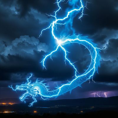 A brilliantly vivid bolt of lightning, intricately shaped like a fierce dragon, crackling through the stormy night sky. The dragon's body, composed of electric blue and white lightning, twists and turns with an ethereal grace, its scales glimmering as if made of pure light. Surrounding this mesmerizing spectacle, dark thunderclouds roil and swirl, adding a sense of chaotic energy to the scene. The atmosphere is charged with tension, as rain begins to fall in a rhythmic pattern, enhancing the drama of the moment. Illuminated by occasional bursts of lightning, the landscape below is cast in sharp, contrasting shadows, while subtle hints of purple and green from the distant horizon suggest an otherworldly realm. This entire scene is rendered in a hyper-realistic style, capturing the raw power and beauty of nature in an awe-inspiring display.