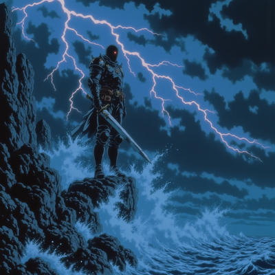 A formidable knight clad in intricately detailed, darkly ornate armor stands valiantly on a craggy cliff edge, his powerful figure silhouetted against a tempestuous sky crackling with electric blue lightning. The armor is adorned with sinister motifs and glimmers with an eerie iridescence. His fist grips a magnificent broadsword, its blade shimmering with an otherworldly dark energy, while the knight's intense gaze pierces through the gathering storm. Below him, a tumultuous sea crashes against the jagged rocks, sending white foam spiraling into the air. The atmosphere is thick with tension and the promise of impending conflict, the colors of the scene a dramatic blend of deep grays, blacks, and vibrant electric blues. The scene is brought to life with a hyper-realistic style, emphasizing the intricate details of the armor and the ferocity of the lightning, creating a breathtaking blend of fantasy and raw energy.