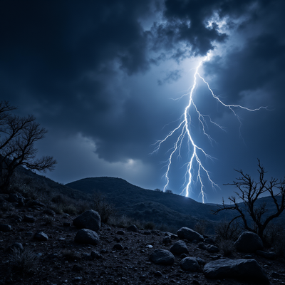 A dramatic scene capturing a powerful thunderstorm raging across a rugged landscape, with jagged lightning bolts illuminating the night sky. The clouds are thick and ominous, swirling in deep shades of navy blue and charcoal gray, creating a sense of impending danger. In the foreground, a desolate hilltop is silhouetted against the brilliant white flashes, with scattered boulders and sparse, gnarled trees bending under the fierce winds. The atmosphere is tense and foreboding, filled with the raw energy of nature's fury. The overall color palette is dark and moody, with high contrast between the vibrant lightning and the shadowy surroundings. This hyper-realistic depiction captures the intensity and drama of a stormy night.