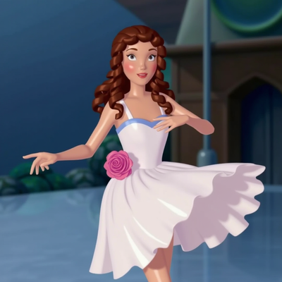 A ballerina from "Fantasia 2000" in a white dress with a pink rose detail. Her hair is styled in intricate braids.