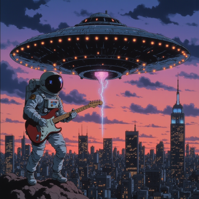 A colossal flying saucer, adorned with intricate metallic patterns and glowing pulsating lights, hovers majestically against the backdrop of a sprawling cityscape at dusk. The vibrant skyline is dotted with skyscrapers, their windows reflecting hues of orange and pink from the setting sun, while wispy clouds enhance the surreal atmosphere. A lone astronaut, encased in a sleek white spacesuit, is gracefully lifted towards the saucer by a shimmering, luminescent gravity beam. Clutched in one hand is a Fender Stratocaster, its glossy finish shimmering with vibrant colors, gently floating in the air around him as if caught in a tranquil dance. The mood is a mix of wonder and surrealism, illuminated by ethereal light emanating from the spacecraft, casting otherworldly shadows on the city below. The artistic style is hyper-realistic, capturing every fine detail, from the astronaut's visor reflecting the city lights to the minute textures of the guitar’s body, creating a breathtakingly vivid scene of cosmic intrigue.
