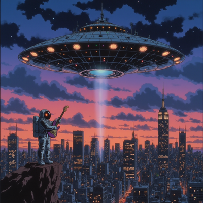 A colossal flying saucer, adorned with intricate metallic patterns and glowing pulsating lights, hovers majestically against the backdrop of a sprawling cityscape at dusk. The vibrant skyline is dotted with skyscrapers, their windows reflecting hues of orange and pink from the setting sun, while wispy clouds enhance the surreal atmosphere. A lone astronaut, encased in a sleek white spacesuit, is gracefully lifted towards the saucer by a shimmering, luminescent gravity beam. Clutched in one hand is a Fender Stratocaster, its glossy finish shimmering with vibrant colors, gently floating in the air around him as if caught in a tranquil dance. The mood is a mix of wonder and surrealism, illuminated by ethereal light emanating from the spacecraft, casting otherworldly shadows on the city below. The artistic style is hyper-realistic, capturing every fine detail, from the astronaut's visor reflecting the city lights to the minute textures of the guitar’s body, creating a breathtakingly vivid scene of cosmic intrigue.