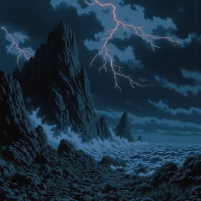 A desolate landscape cloaked in shadow, featuring jagged mountain peaks looming ominously against a stormy sky, where dark grey clouds swirl overhead, occasionally illuminated by flashes of distant lightning. The ground is cracked and barren, scattered with sharp stones and sparse patches of withered grass. A cold, eerie mist hangs low, creating an ethereal yet foreboding atmosphere. Hints of deep blues and blacks dominate the color palette, contrasting with the sporadic flickers of silver from the lightning. The style is dark fantasy, with a hyper-realistic touch that accentuates the haunting beauty of the desolation.