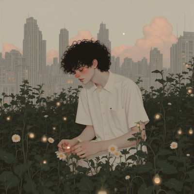 A person with curly hair tending to a lush rooftop garden in a dense cityscape, surrounded by vegetables, flowers, and string lights, with skyscrapers in the background catching sunset light