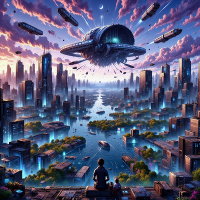 A sprawling, futuristic metropolis rises from a shimmering ocean under a twilight sky, where the last rays of the sun paint the clouds in hues of violet, crimson, and gold. Towering skyscrapers made of translucent materials and bioluminescent surfaces stretch toward the heavens, pulsing softly with life. A massive, hovering transport hub shaped like a spiraling shell floats above the city, connected by glowing energy bridges to sleek aerial trains gliding silently through the sky. Below, lush vertical gardens cascade down buildings, and reflective water canals weave between the streets, glowing with soft azure lights. On one platform, a lone figure in a sleek, iridescent cloak stands beside a robotic companion, looking out over the horizon where a distant, crescent-shaped moon begins to rise. The scene combines advanced sci-fi technology with organic, nature-inspired design, creating a hauntingly beautiful balance between future and serenity.