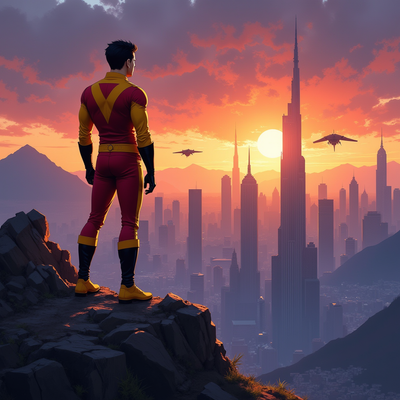 Digital painting in the style of Alex Ross, combining comic book realism and vibrant, cinematic colors. A dramatic scene featuring the silhouette of Chapulin Colorado in his classic red and yellow uniform, standing in semi-profile atop a rugged mountain at twilight. He gazes toward a distant futuristic city on the horizon, with towering glass skyscrapers, flying vehicles, and the glowing orange and violet hues of a sunset behind the skyline. The illustration captures epic scale and grandeur, using high-detail brushwork and soft atmospheric lighting to enhance depth and emotion. Inspired by classic and modern superhero art, with influences from ArtStation and DeviantArt portfolios. Dramatic, professional composition, evoking both nostalgia and heroism.