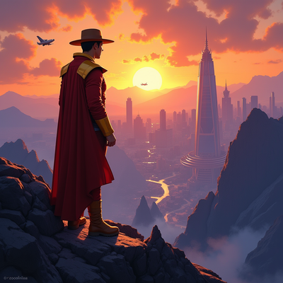 Digital painting in the style of Alex Ross, combining comic book realism and vibrant, cinematic colors. A dramatic scene featuring the silhouette of Chapulin Colorado in his classic red and yellow uniform, standing in semi-profile atop a rugged mountain at twilight. He gazes toward a distant futuristic city on the horizon, with towering glass skyscrapers, flying vehicles, and the glowing orange and violet hues of a sunset behind the skyline. The illustration captures epic scale and grandeur, using high-detail brushwork and soft atmospheric lighting to enhance depth and emotion. Inspired by classic and modern superhero art, with influences from ArtStation and DeviantArt portfolios. Dramatic, professional composition, evoking both nostalgia and heroism.