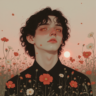 A Man with dark brown fluffy hair in a field of red and green flowers with a sunset.