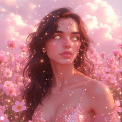 a woman with long wavy brown hair and green eyes in a pink sparkly field with pink skies and sparkly clouds