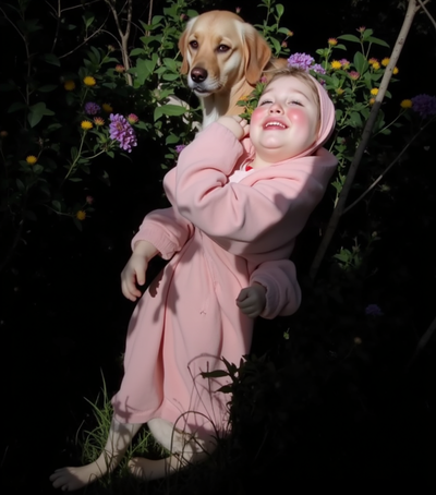 A majestic golden retriever with a thick, glossy coat and soulful brown eyes playfully leaping through a sun-drenched meadow filled with vibrant wildflowers in shades of purple, yellow, and pink. The golden sunlight casts a warm glow, illuminating the dog's joyful expression as it bounds through the grass. In the background, soft rolling hills stretch under a clear blue sky, dotted with fluffy white clouds. The overall mood is exuberant and serene, evoking feelings of freedom and happiness. The scene is captured in a hyper-realistic style, emphasizing the intricate details of the dog's fur and the delicate petals of the flowers, bringing the vibrant colors to life.