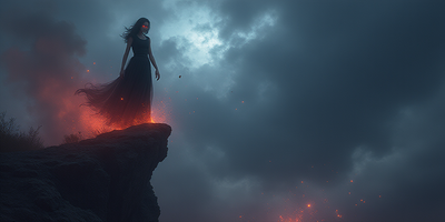 A dark, demonically inspired surreal scene depicting a female figure standing at the edge of a cliff under a stormy sky. She is illuminated by an eerie, cold light that contrasts with the burning flames surrounding her feet. Her eyes glow faintly red, showing both pain and fierce determination. Shadowy tendrils and whispering spirits swirl around her like wings, merging with swirling mist and shattered crystalline fragments reflecting faint stars. The atmosphere is heavy and mystical, combining elements of torment and transcendence. The color palette is dominated by deep blacks, fiery reds, cold blues, and haunting purples. The overall mood is dramatic, intense, and otherworldly, evoking the sensation of being at the edge between heaven and hell, caught between light and shadow.”  ¿Quieres que te prepare una imagen basada en este prompt?