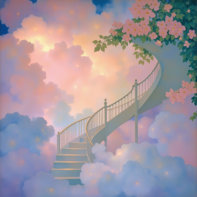 A pastel-lit stairwell spiraling into a cloud that hums lullabies