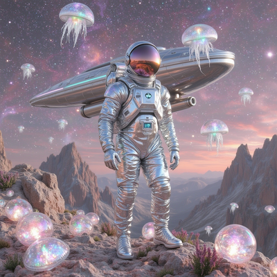 A dynamic scene depicting a valiant futuristic hero, adorned in a sleek, silver space suit with glowing blue accents and a high-tech visor, stands confidently atop the rocky surface of a vibrant, neon-hued alien planet. Behind them, a majestic starship, teeming with intricate engineering details and luminous thrusters, hovers in the air, casting iridescent reflections on the rocky terrain below. The sky is a breathtaking tapestry of swirling purple and deep indigo, with distant galaxies and shimmering stars peppering the vast expanse. Cosmic creatures, resembling a fusion of ethereal jellyfish and majestic dragons, soar gracefully above, their translucent wings shimmering in a kaleidoscope of colors. The atmosphere is charged with a sense of adventure and awe, illuminated by clusters of glowing crystals embedded in the ground, casting warm oranges and cool blues across the scene. This hyper-realistic artwork captures the essence of galaxy-spanning adventures, inviting viewers to explore the mysteries of the cosmos.