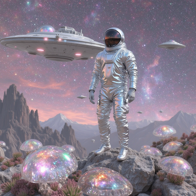 A dynamic scene depicting a valiant futuristic hero, adorned in a sleek, silver space suit with glowing blue accents and a high-tech visor, stands confidently atop the rocky surface of a vibrant, neon-hued alien planet. Behind them, a majestic starship, teeming with intricate engineering details and luminous thrusters, hovers in the air, casting iridescent reflections on the rocky terrain below. The sky is a breathtaking tapestry of swirling purple and deep indigo, with distant galaxies and shimmering stars peppering the vast expanse. Cosmic creatures, resembling a fusion of ethereal jellyfish and majestic dragons, soar gracefully above, their translucent wings shimmering in a kaleidoscope of colors. The atmosphere is charged with a sense of adventure and awe, illuminated by clusters of glowing crystals embedded in the ground, casting warm oranges and cool blues across the scene. This hyper-realistic artwork captures the essence of galaxy-spanning adventures, inviting viewers to explore the mysteries of the cosmos.