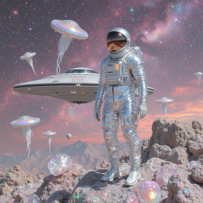 A dynamic scene depicting a valiant futuristic hero, adorned in a sleek, silver space suit with glowing blue accents and a high-tech visor, stands confidently atop the rocky surface of a vibrant, neon-hued alien planet. Behind them, a majestic starship, teeming with intricate engineering details and luminous thrusters, hovers in the air, casting iridescent reflections on the rocky terrain below. The sky is a breathtaking tapestry of swirling purple and deep indigo, with distant galaxies and shimmering stars peppering the vast expanse. Cosmic creatures, resembling a fusion of ethereal jellyfish and majestic dragons, soar gracefully above, their translucent wings shimmering in a kaleidoscope of colors. The atmosphere is charged with a sense of adventure and awe, illuminated by clusters of glowing crystals embedded in the ground, casting warm oranges and cool blues across the scene. This hyper-realistic artwork captures the essence of galaxy-spanning adventures, inviting viewers to explore the mysteries of the cosmos.
