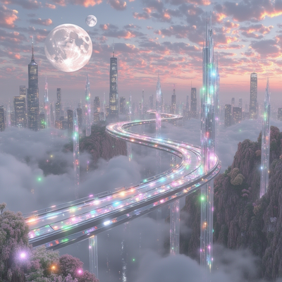 A futuristic city floating above the clouds, with glowing bridges connecting crystalline towers, under a twilight sky with two moons make each result very different from the other