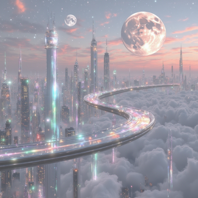 A futuristic city floating above the clouds, with glowing bridges connecting crystalline towers, under a twilight sky with two moons make each result very different from the other