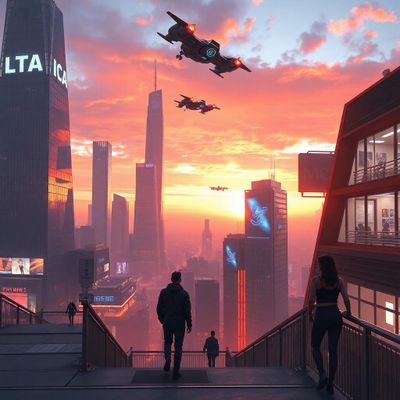 > "A futuristic city at sunset, with flying cars, neon lights, towering skyscrapers, and people in cyberpunk fashion walking on elevated sidewalks — ultra-detailed, cinematic lighting, wide-angle view, concept art style."