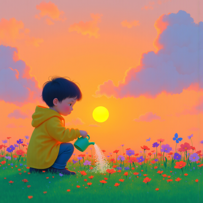 A solitary child, with tousled sandy hair and wearing a faded yellow raincoat, kneels on the vibrant green grass, gently watering a lush array of vividly colored flowers — radiant reds, deep purples, and bright oranges that splash against the tranquil scene. The child’s large, curious eyes reflect a sense of wonder and tenderness as they nurture the delicate plants. In the background, a breathtaking sunset paints the sky in dazzling hues of gold, pink, and lavender, casting a warm, glowing light over the landscape. Soft, wispy clouds drift lazily, absorbing the brilliant colors. The atmosphere feels serene yet infused with a subtle hint of longing, as the child connects with nature in this peaceful sanctuary. This scene is depicted in a soft, impressionistic style, lending a dreamlike quality to the moment, where light and color merge harmoniously.