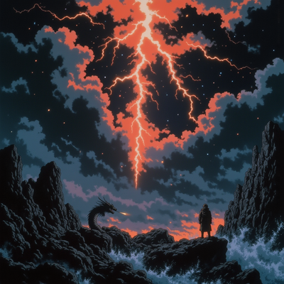 A dragon blows fire with loghtning A surreal, high-contrast scene capturing the dramatic impact of light on a darkened world — a lone figure stands atop a windswept ridge as a colossal beam of radiant light pierces the clouds above, casting sharp, dynamic shadows across the jagged terrain. The light interacts with the environment in impossible ways: bending, splitting, and igniting bursts of color across reflective surfaces. Floating particles shimmer in the beam, and distant structures seem to awaken under its touch. Hyper-realistic, cinematic composition, strong chiaroscuro, ethereal atmosphere.