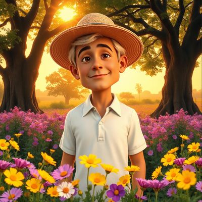A hardworking cartoon guy, with deep-set wrinkles and sun-kissed skin, wearing an ethereal, flowing white polo shirt that catches the gentle breeze, stands amidst a riot of vibrant wildflowers in hues of purple, yellow, and pink. His straw hat is slightly tilted, casting a soft shadow over his caring eyes, as he tends to the flourishing blooms. Surrounding him are towering trees with lush green leaves, their trunks thick and gnarled, suggesting years of sturdy presence in this secluded sanctuary. The golden sunset bathes the scene in a warm, inviting glow, casting long, soft shadows and illuminating the petals with a magical radiance. The atmosphere is serene and contemplative, infused with a sense of timeless connection to nature. The entire composition has a dreamy quality, reminiscent of a hyper-realistic painting, where every detail is enhanced to evoke a sense of wonder and tranquility.