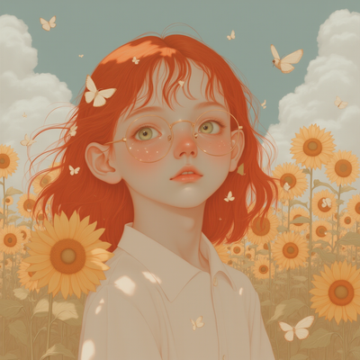 A vibrant young girl with striking, fiery red hair cascading in loose waves down to her shoulders, her bright emerald-green eyes framed by stylish, round glasses that reflect the sunlight. She stands in a radiant sunflower field, with tall, golden flowers swaying gently in the warm breeze around her, their bright yellow petals contrasting beautifully against the deep blue sky. The atmosphere is cheerful and playful, filled with the sounds of buzzing bees and chirping birds, capturing the essence of a perfect summer day. Soft golden light filters through the clouds, casting a warm glow on her face, accentuating her freckles and the warmth in her smile. The scene is captured in a whimsical, painterly style, evoking feelings of joy and innocence, reminiscent of a dreamy children's book illustration.