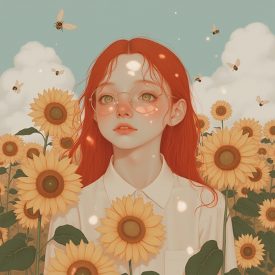 A vibrant young girl with striking, fiery red hair cascading in loose waves down to her shoulders, her bright emerald-green eyes framed by stylish, round glasses that reflect the sunlight. She stands in a radiant sunflower field, with tall, golden flowers swaying gently in the warm breeze around her, their bright yellow petals contrasting beautifully against the deep blue sky. The atmosphere is cheerful and playful, filled with the sounds of buzzing bees and chirping birds, capturing the essence of a perfect summer day. Soft golden light filters through the clouds, casting a warm glow on her face, accentuating her freckles and the warmth in her smile. The scene is captured in a whimsical, painterly style, evoking feelings of joy and innocence, reminiscent of a dreamy children's book illustration.