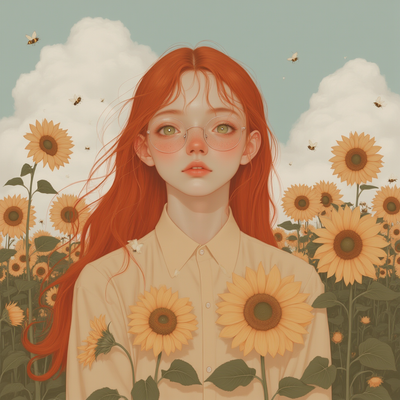 A vibrant young girl with striking, fiery red hair cascading in loose waves down to her shoulders, her bright emerald-green eyes framed by stylish, round glasses that reflect the sunlight. She stands in a radiant sunflower field, with tall, golden flowers swaying gently in the warm breeze around her, their bright yellow petals contrasting beautifully against the deep blue sky. The atmosphere is cheerful and playful, filled with the sounds of buzzing bees and chirping birds, capturing the essence of a perfect summer day. Soft golden light filters through the clouds, casting a warm glow on her face, accentuating her freckles and the warmth in her smile. The scene is captured in a whimsical, painterly style, evoking feelings of joy and innocence, reminiscent of a dreamy children's book illustration.