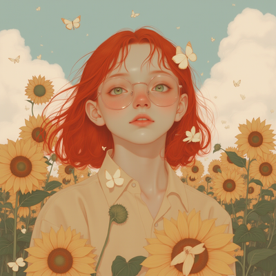 A vibrant young girl with striking, fiery red hair cascading in loose waves down to her shoulders, her bright emerald-green eyes framed by stylish, round glasses that reflect the sunlight. She stands in a radiant sunflower field, with tall, golden flowers swaying gently in the warm breeze around her, their bright yellow petals contrasting beautifully against the deep blue sky. The atmosphere is cheerful and playful, filled with the sounds of buzzing bees and chirping birds, capturing the essence of a perfect summer day. Soft golden light filters through the clouds, casting a warm glow on her face, accentuating her freckles and the warmth in her smile. The scene is captured in a whimsical, painterly style, evoking feelings of joy and innocence, reminiscent of a dreamy children's book illustration.