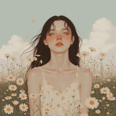 A young woman with flowing chestnut brown hair cascading down her shoulders, dotted with playful freckles that dance across her sun-kissed cheeks. She wears a light, airy sundress adorned with vibrant floral patterns, standing in a lush meadow filled with blooming wildflowers of all colors. The warm afternoon sun bathes the scene in a golden glow, creating an inviting and serene atmosphere. Soft wisps of clouds drift lazily across a clear blue sky, while gentle breezes rustle the leaves of nearby trees. The overall mood is cheerful and dreamy, reminiscent of a painting in a soft, impressionistic style, capturing the essence of a blissful summer day.